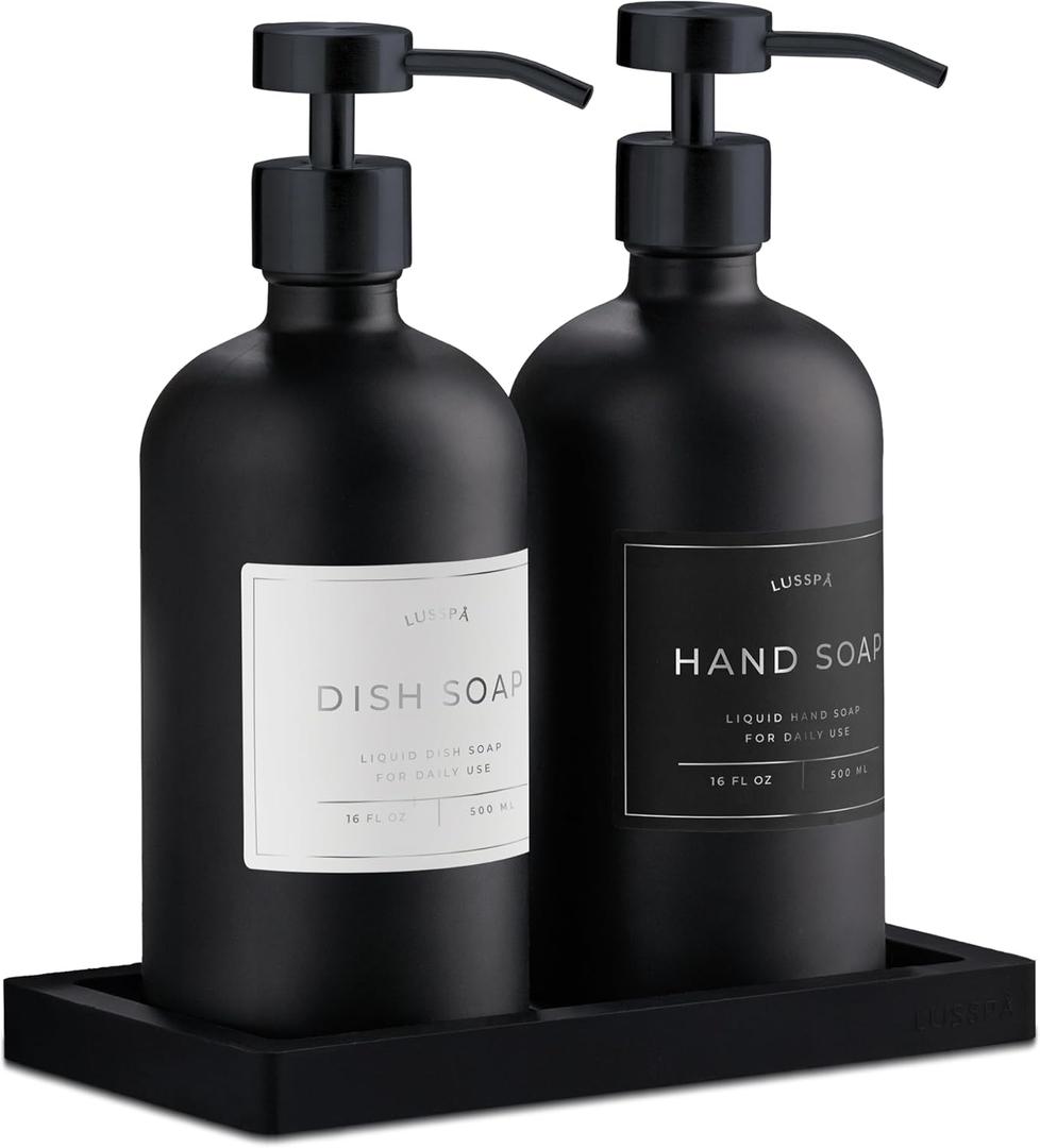 Glass Soap Dispenser Set of 2 (Black) with Silicone Tray | Hand and Dish Soap Dispenser for Kitchen and Bathroom | 16.8 Oz Glass Bottles with Stainless Steel Pump & 15 Waterproof Labels (Black)