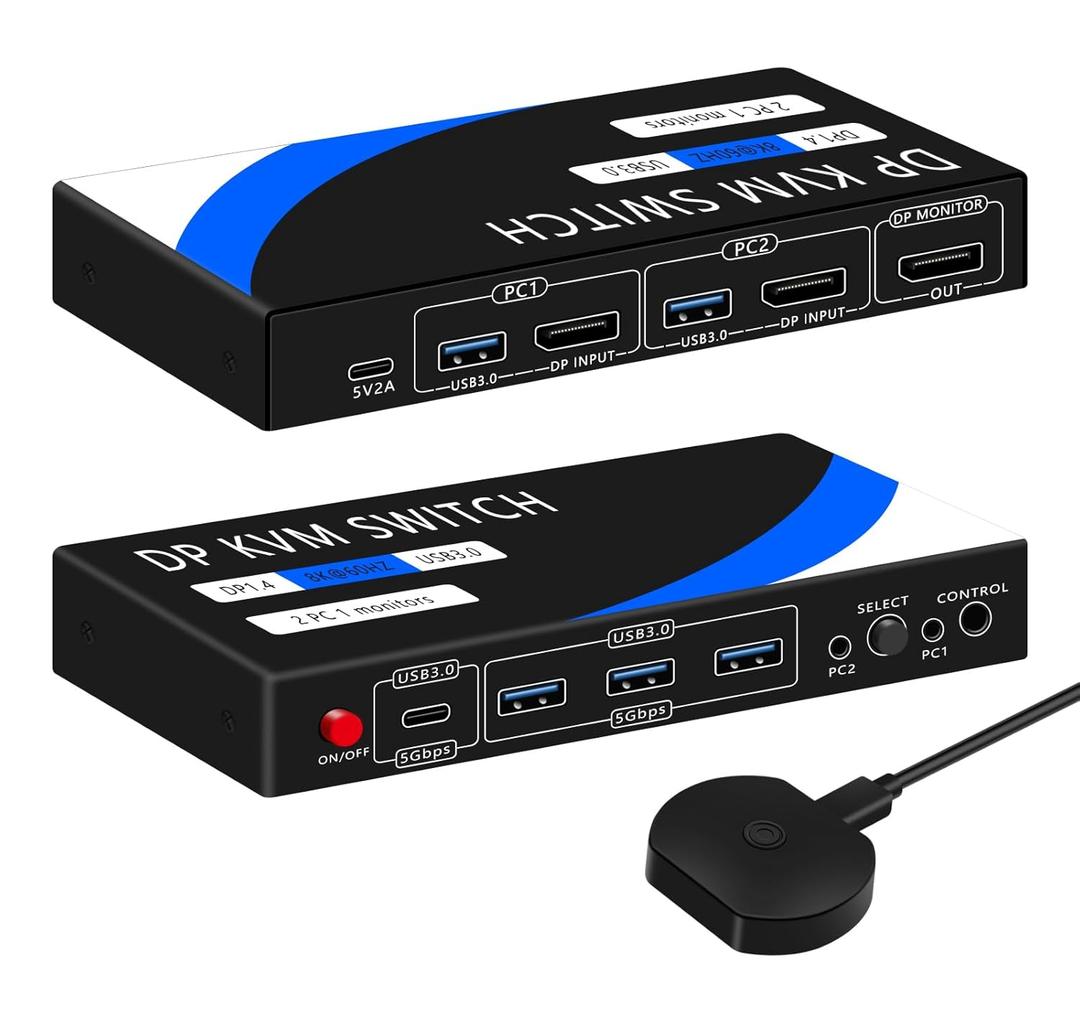 kvm Switch 1 Monitors 2 Computers 8K@60HZ4K@120HZ4 Port USB3.0with 1 USB C,displayport kvm switches,dp kvm Switch 2 Computers 1 Monitor,Supports Multiple Operating Systems.