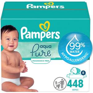 Pampers Baby Wipes Aqua Pure, 99% Water Based Wipes, Hypoallergenic and Unscented Infant Wipe, 448 Total (8 Flip-Top Packs)