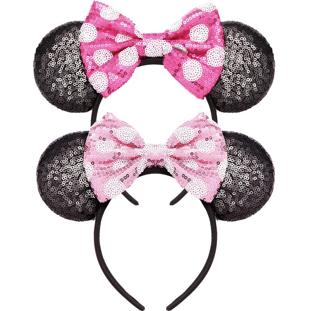 Mommy and Me Mouse Ears Headbands - 2 Pcs Glitter Bow Headbands for Kids, Girls, Women, Birthday, Christmas, Cosplay, Princess