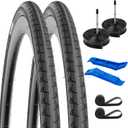 2-PCS 700C Road Bike Tires 700x28C/28-622 28x1 5/8x1 1/8 and 700C Heavy Duty Bike Tubes Presta Valve with 2 Rim Strips Compatible with 700x26C 700 x 28C 700x30C Bike Bicycle Tires and Tubes (700x28C-Black)