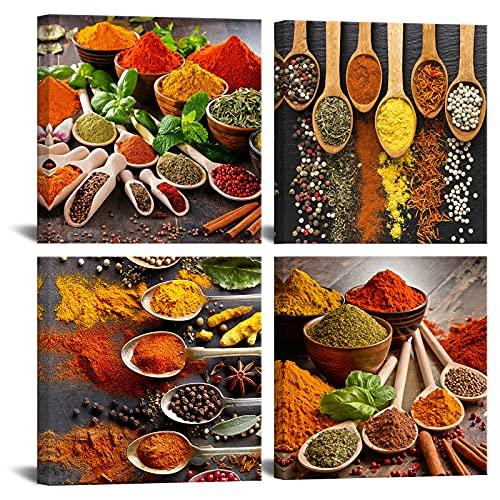 HOMEOART Kitchen Pictures Wall Decor 4 Piece Set Colorful Spices and Spoon Painting Canvas Wall Art Prints Framed Ready to Hang 12"x12"x4 Panels Dining Room Restaurant Home Wall Decor