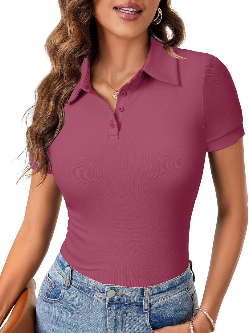 LYANER Womens Polo Shirts Short Sleeve Business Casual V Neck Collared Button Fitted Tops (Pink, L)