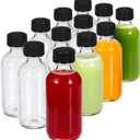 JohnBee 12-Pack 2 oz (60ml) Small Glass Boston Round Bottles with Lids - Leak-Proof Mini Travel Containers for Ginger Shots, Juice, Whiskey, Samples | W/Labels, Funnels & Brushes