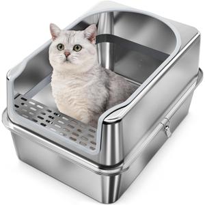 Stainless Steel Litter Box - Entirely Metal high Side Litter Boxs - XXL Stainless Steel Cat Litter Box for Big Cats & Multiple Cats Use-Rugged & Easy to Clean,Odor Free (Step-Sliver, XL)