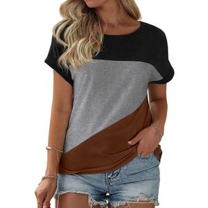 Womens Color Block Short Sleeve Tops Casual Summer T-Shirt (Large, Black+ Grey+ Brown)