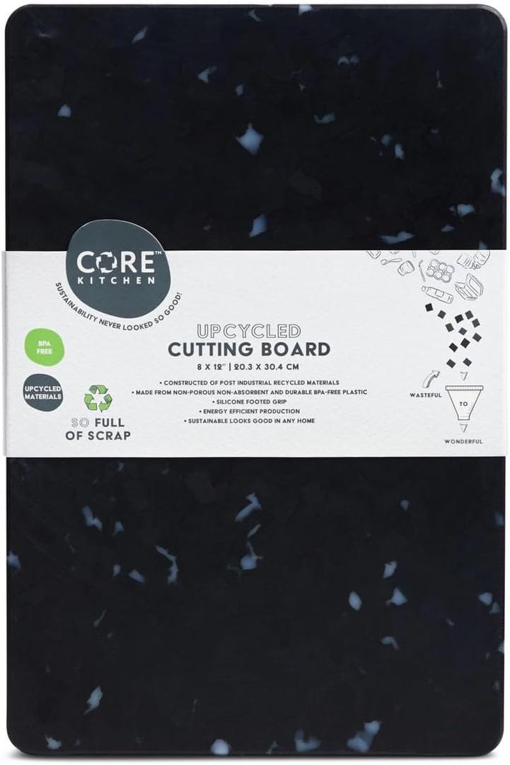 Recycled Plastic Cutting Board Sm with Non-Slip Footing - White Confetti on Black, 8 x 12 Inch