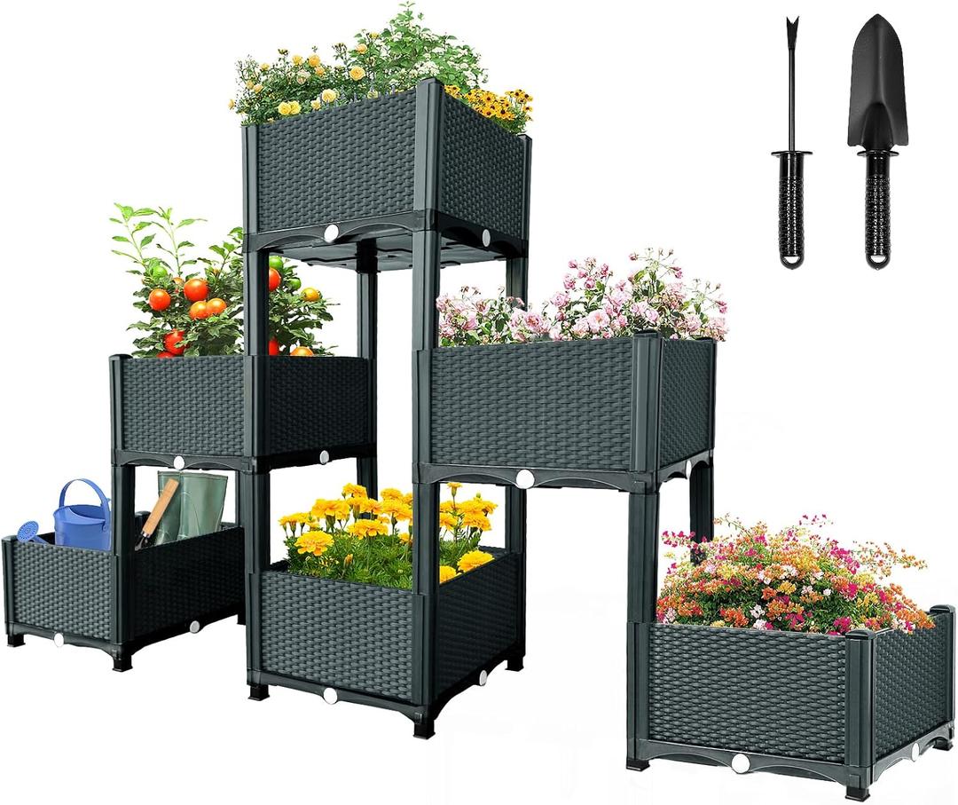 MAYOLIAH Garden Raised Bed Kit, 6 Elevated Planter Boxes with Drainage Holes, Taller Plastic Garden Bed for Vegetables Herbs Flowers Fruits Planting in Front Porch Yard Patio Balcony, Grey (6 Boxes, Gray)