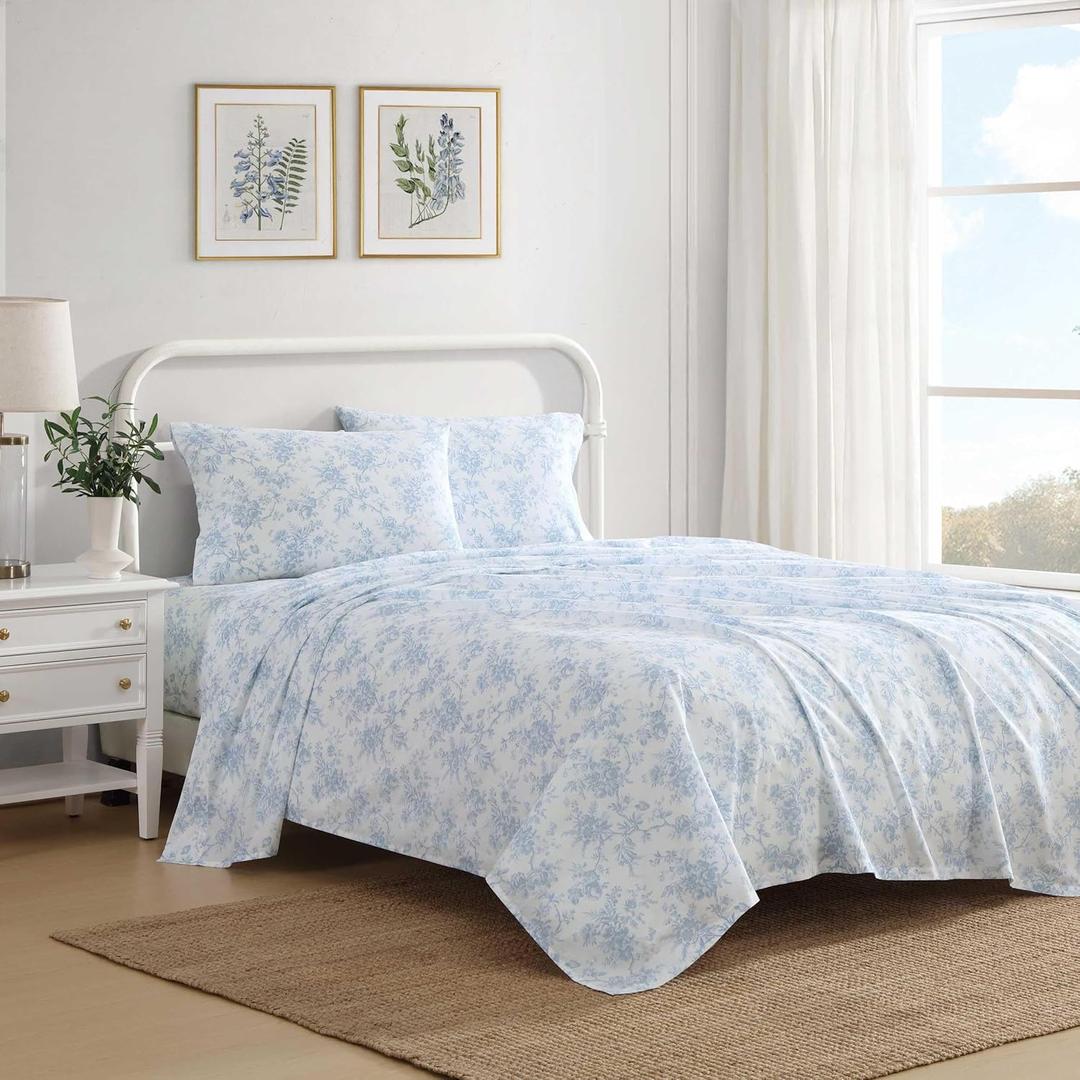 Laura Ashley - Queen Sheet Set, Crisp & Cool Cotton Percale Bedding with Deep Pockets, Lightweight for Year Round Comfort, Bed Sheets with Matching Pillowcases (Walled Garden Blue)