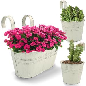 3 PCS Vintage Metal Iron Wall Hanging Flower Pots, Galvanized Hanging Plant Holder with Detachable Hooks, Set of 3 for Railing Fence Balcony Deck Garden Home Decoration (White)