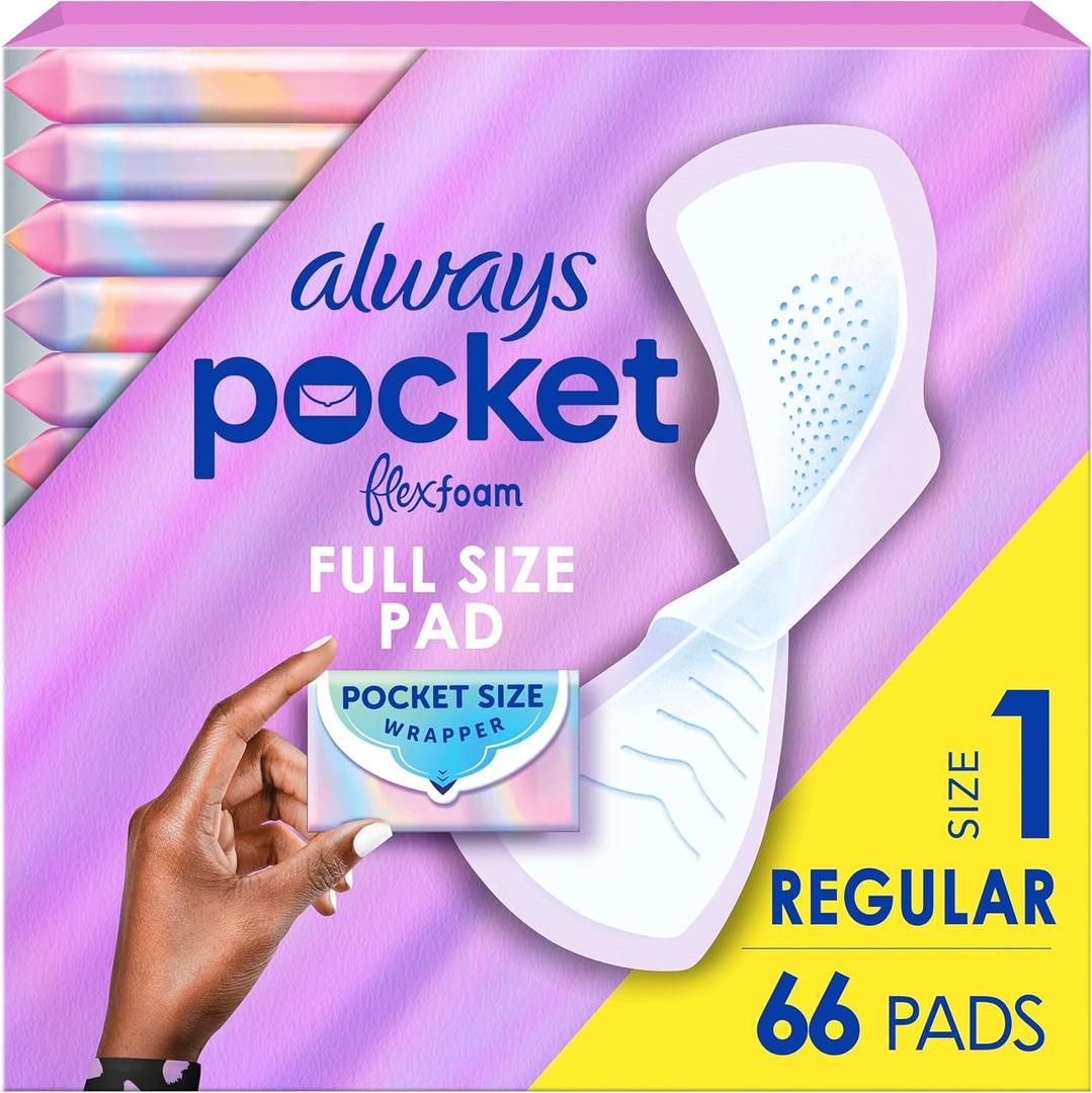 Always Pocket Feminine Pads with FlexFoam, Size 1, Regular, with Wings, Unscented, 66 Count (3 Packs of 22)