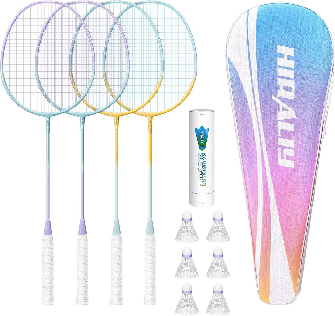 HIRALIY Badminton Rackets Includ 4 Rackets, 6 Birdies, 1 Carrying Bag 4 Badminton Rackets Set for Backyards, Badminton Set, Outdoor Game for Adult Family Beginner