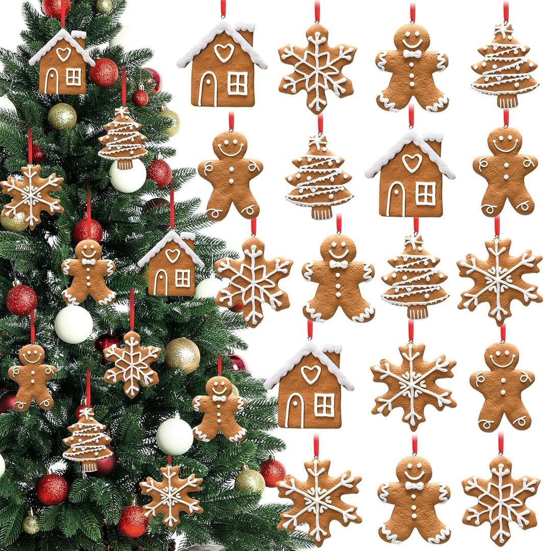Cindeer 18 Pcs Christmas Gingerbread Ornaments Set 2.36" x 3.15" Gingerbread Man House Snowflake Tree with Strings Polymer Clay Xmas Hanging Ornament for Tree DIY Craft Decor(Caramel)