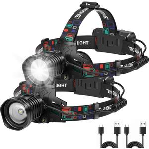 azamine Rechargeable Headlamp Super Bright 99000 Lumens, 2Pack LED Head Lamp with 3 Modes, 90 Adjustable Head Lights for Forehead, IPX6 Waterproof HeadLamps for Adults Camping Hunting Hiking