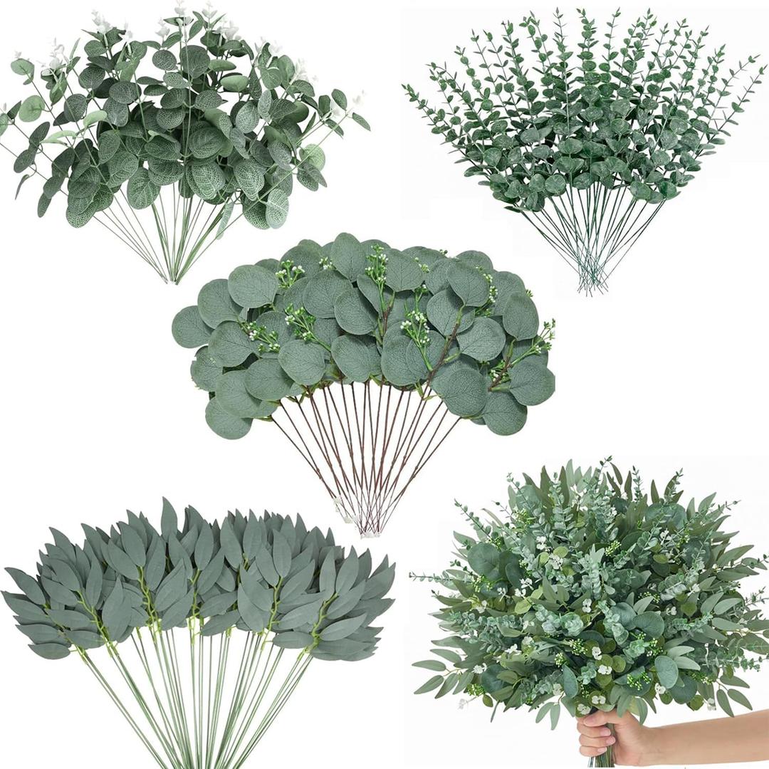 120 Pcs Artificial Eucalyptus Leaves Stems Bulk, Realistic Fake Greenery with 4 Kinds Mixed Silver Dollar, Faux Plants for DIY Floral Arrangements, Wedding Bouquets, Home, Party, Vase Decor