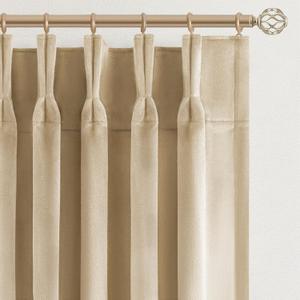 90 Inches Long Velvet Pinch Pleated Curtains for Living Room Bedroom Beige Modern Luxury Room Darkening Thermal Insulated Sound Dampening Curtains Drapes with Hooks Rings,Set of 2