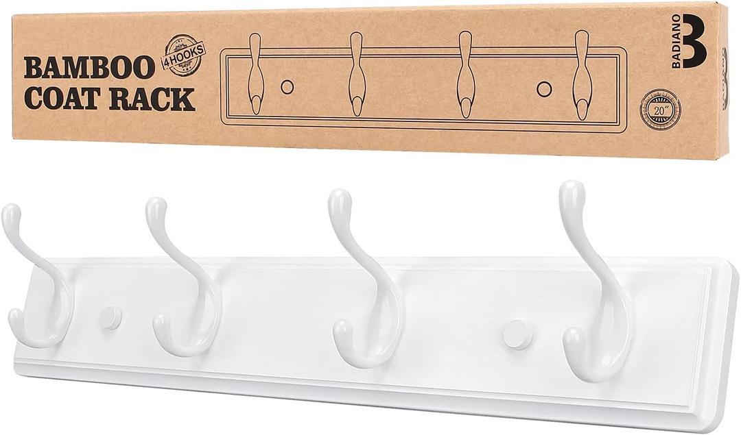 Badiano Wooden Coat Rack, Wall-Mounted Organizer for Closet, Entryway, Hallway, Foyer, Bedroom, Heavy Duty Double Hooks for Hanging Towels, Bags, Hats, Jackets, Key (White, 4 Hooks)
