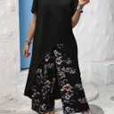 Womens 2 Piece Outfits High-Low Hem Long Sleeve Top Elastic Waist Floral Wide Leg Pants Sets, 0X