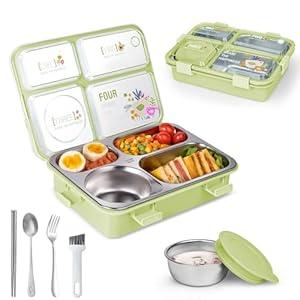 SAYAPE Stainless Steel Adult Lunch Box, 28.7oz 4-Compartment Metal Bento Box Kids Snack Containers with 5oz Soup/ Condiment Cup, Food Storage Containers with Utensils and Cleaning Brush Set - Green