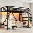 Bellemave Twin XL Size Loft Bed with Stairs and Wardrobe,Heavy Duty Metal Loft Bed Frame with Shelves,LED Lights and Charging Station for for Kids,Teens,Adults,Natural Wood