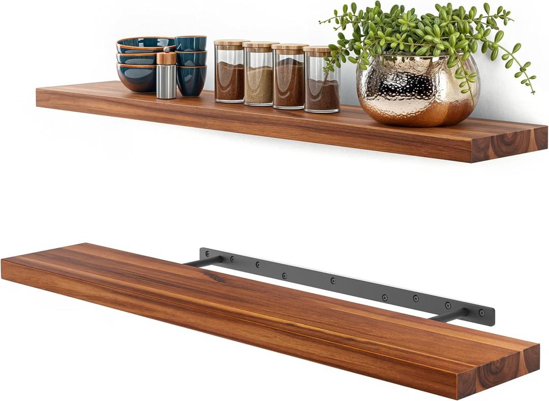 BATODA Set of 2 36" Wood Floating Shelves Wall Mounted  Rustic Farmhouse Wooden Wall Storage Shelf for Bedroom, Kitchen, Home Dcor - Brackets and Shelving Hardware Included (Acacia, 36inch)