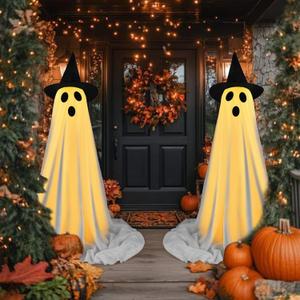 Halloween Decorations Outdoor Indoor, 2 Pack Spooky Ghost with Witch Hat, Scary Ghost Decorations with LED String Lights, Terrifying Halloween Decor for Home Outside Porch Garden Yard Lawn Party