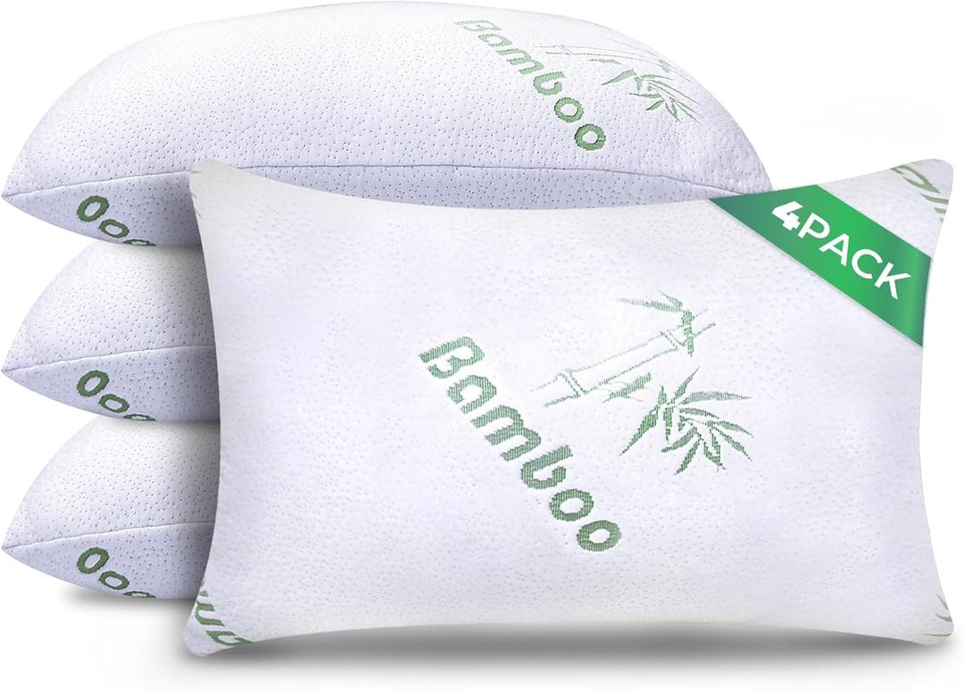 Memory Foam Pillows Queen Size Set of 4 - Cooling Bed Pillows for Sleeping - Back, Stomach, Side Sleeper Firm Pillow - Comfy Cool Shredded Memory Foam 4 Pack Queen Rayon Derived from Bamboo Pillows