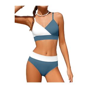 Girls Swimsuit V Neck Bikini Set Color Block with Cover Up 3Pcs Bathing Suits, 15-16Y