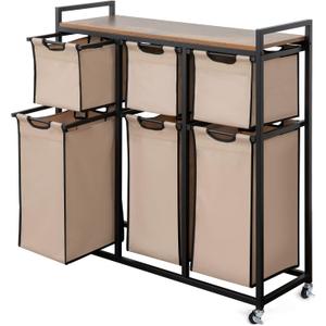 Suntage Laundry Basket Organizer, Hampers for Laundry 6 Compartments, Laundry Hamper with 6 Sliding Laundry Sorter Bags, Top Storage Shelf, and Metal Frame (6 Compartments)