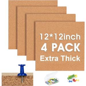 Cork Bulletin Square Board for Walls - SVOPY 4 Pack Extra Thick 12x12 Inches Cork Board Tiles for Home Office Decor, Cork Sheet, School Message Board Decorative Display Boards (Brown)