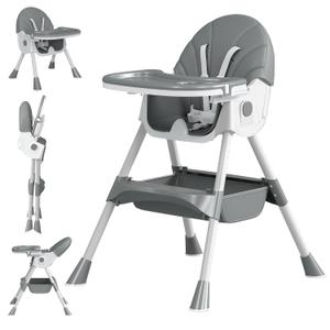 Baby High Chair, 5 in 1 High Chairs for Babies and Toddlers, Travel Foldable High Chair with Detachable PU Cushion, Double Removable Tray, Adjustable Height & Recline, Locking Wheels (Grey)