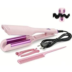 Hair Crimper for Womens Beach Waves Pink Deep Waver Curling Iron, 1.25-Inch Ionic Ceramic Hair Tool with Four Temperature Settings, Easy to Use for Long/Short HairPink