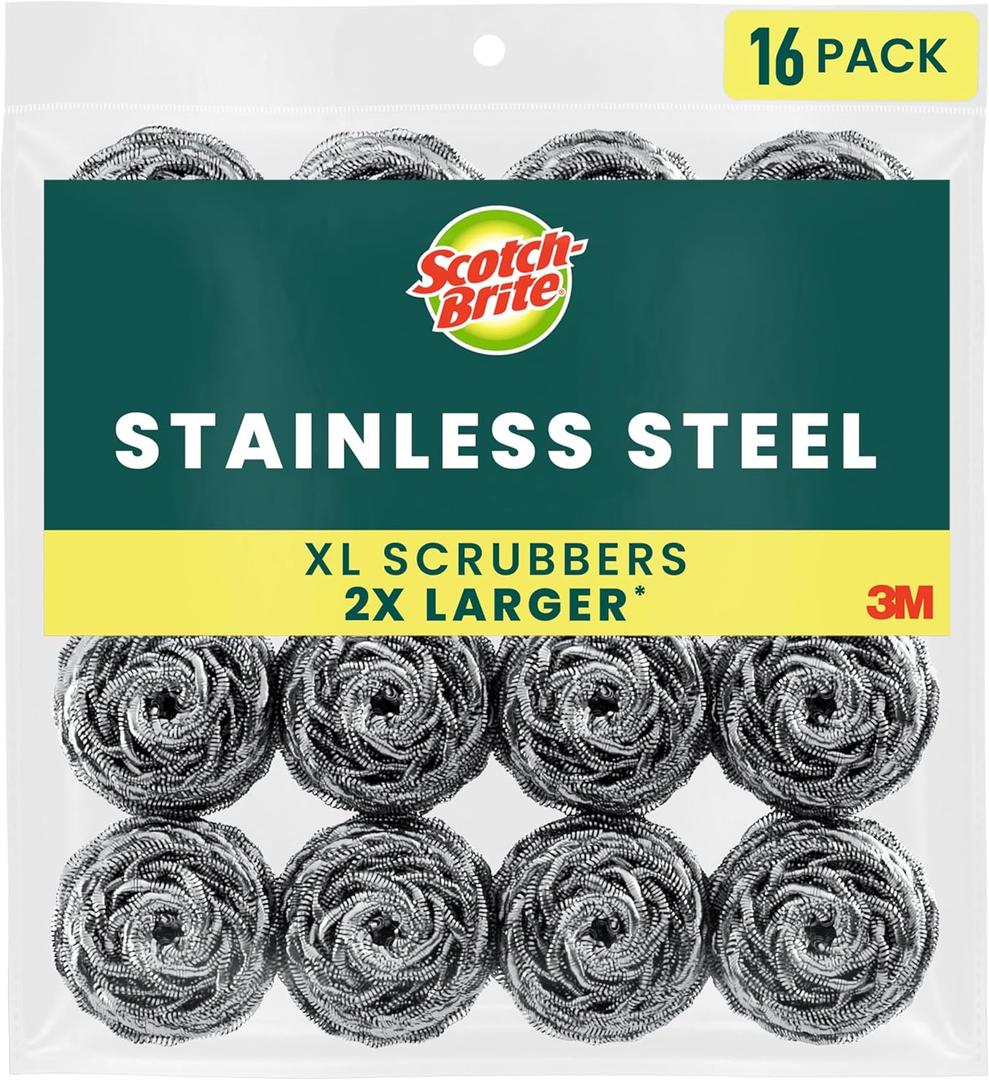 Scotch-Brite Stainless Steel Scrubbers, Scouring Pads for Cleaning Tough Baked-On Messes, Metal Scrubbers for Cleaning Dishes, 16 Scrub Pads