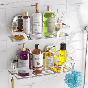 LEVERLOC Shower Caddy Suction Cup 2 Pack, Shower Shelf for Inside, Large Capacity Bathroom Organizers and Storage, Rustproof & Waterproof Metal Bath Basket, No-Drilling, Heavy Duty, Silver