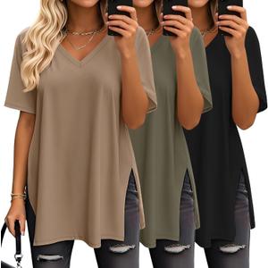 Huukeay 3 Pack Oversized Shirts for Women V Neck Workout T Shirt Casual Side Split Tee Short Sleeve Loose Tops Tunic Tops, Size Medium