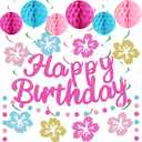YTHETM Hawaiian Luau Birthday Party Decorations Glittery Pink Happy Birthday Banner for Tropical Party Decorations Summer Birthday Party Decor