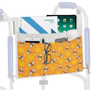 TOGETRUE Walker Bag, Easy Access Walker Storage Basket with 2 Large Pockets, Walker Accessories Bag for Folding Walker, Wheelchairs, Strollers, 13"x14.5" (Bees)