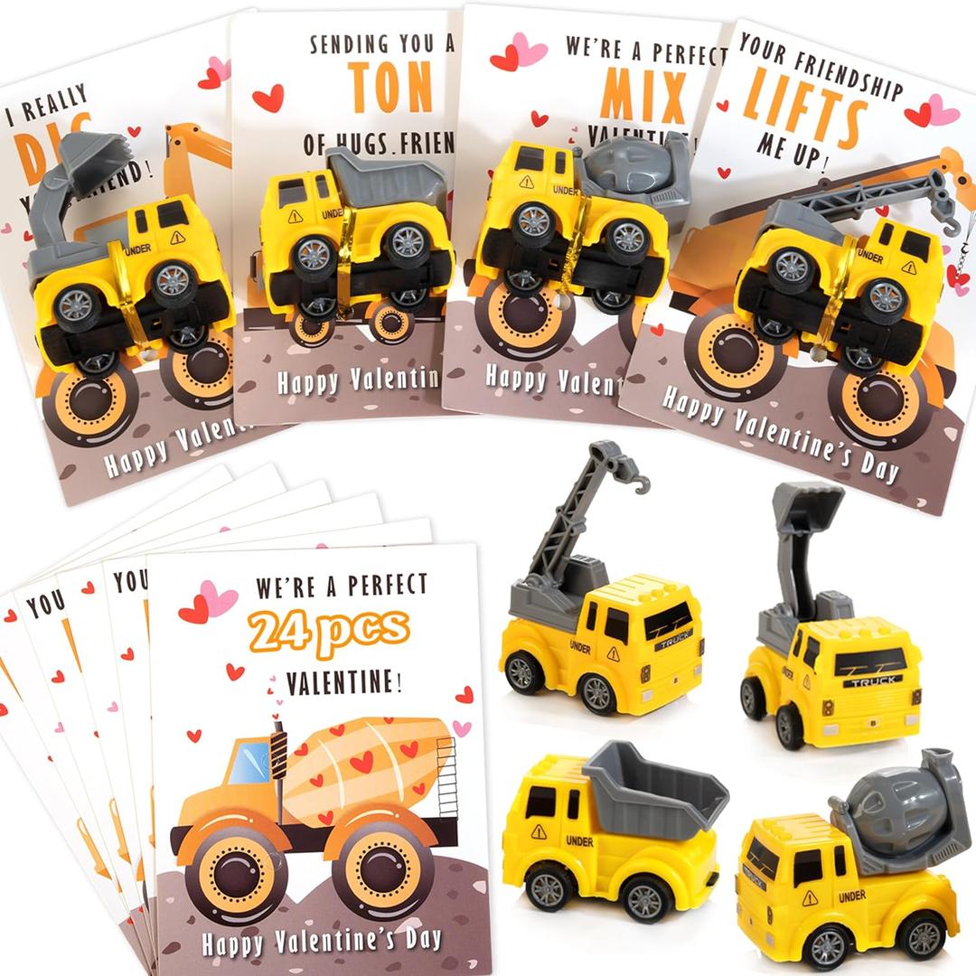 Valentines Cards for Kids Classroom - Valentines Day Gifts for Kids - 24 Construction Vehicles Toys Card Bulk - Valentine Exchange Cards for Toddlers Boys School Party Favors