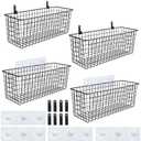 4 Set [EXTRA LARGE] Hanging Wall Mount Storage Baskets w/Adhesive Hooks & Steel Hooks, Multiuse Sturdy Wire Metal Organizing Baskets for Home Kitchen Bathroom Pantry Utility Laundry Organizer, Black