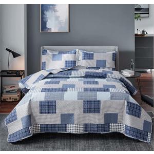 Bedspread Set Queen/Full Size Plaid Quilt Bedding Queen Grey Blue Patchwork Modern Lightweight Quilt Bedspread Home Reversible Coverlet-Soft Polyester 3 Piece Quilt Set Collection