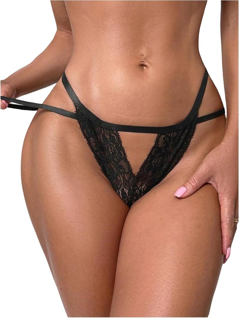 SOLY HUX Women's Floral Lace Cheeky G String Thongs Cut Out Sheer Low Rise Panties Underwear (Black, M)