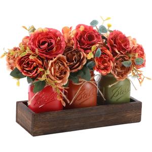Capoda 3 Pcs Fall Mason Jar Centerpiece Table Decorations Farmhouse Coffee Table Decor with Wood Tray Autumn Centerpieces for Dining Room Living Kitchen Bathroom Thanksgiving Decorations
