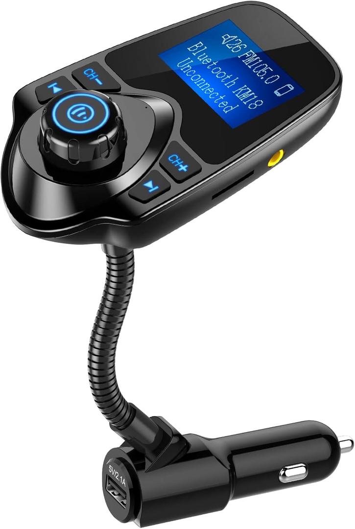 Nulaxy KM18 Bluetooth 5.4 Car Adapter with 1.44" Clear Display & Flexible Gooseneck - FM Radio Transmitter & Bluetooth Receiver for Hands-Free Calls, Wireless Music via BT/FM/AUX/TF, USB Car Charger (Black)