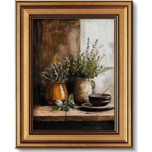 Vintage Gold Framed Canvas Wall Art Rustic Still Life Kitchen Farmhouse Picture Wall Decor Vintage Jars Culinary Herbs Oil Painting Print Art for Living Room Kitchen Bedroom Home Decoration 12x16in