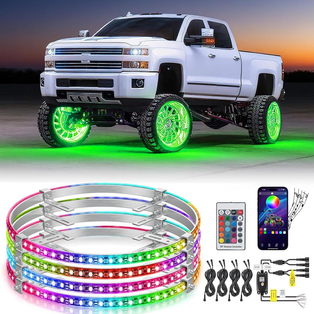 Nilight 4PCS 17.5inch LED Wheel Ring Lights RGB with APP and Remote Control Neon Lights Million Colors w/Turn Signal and Braking Function for Car Van SUV Truck