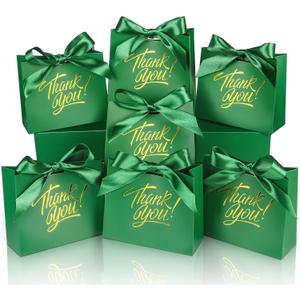 100 Pack Small Thank You Gift Bags, 4.5x1.8x3.9in Party Favor Bags Boxes with Bow Ribbon, Small Paper Gift Bags with Gold Foil Printed, Mini Candy Treat Bags for Birthday Wedding Party Holiday (Green)
