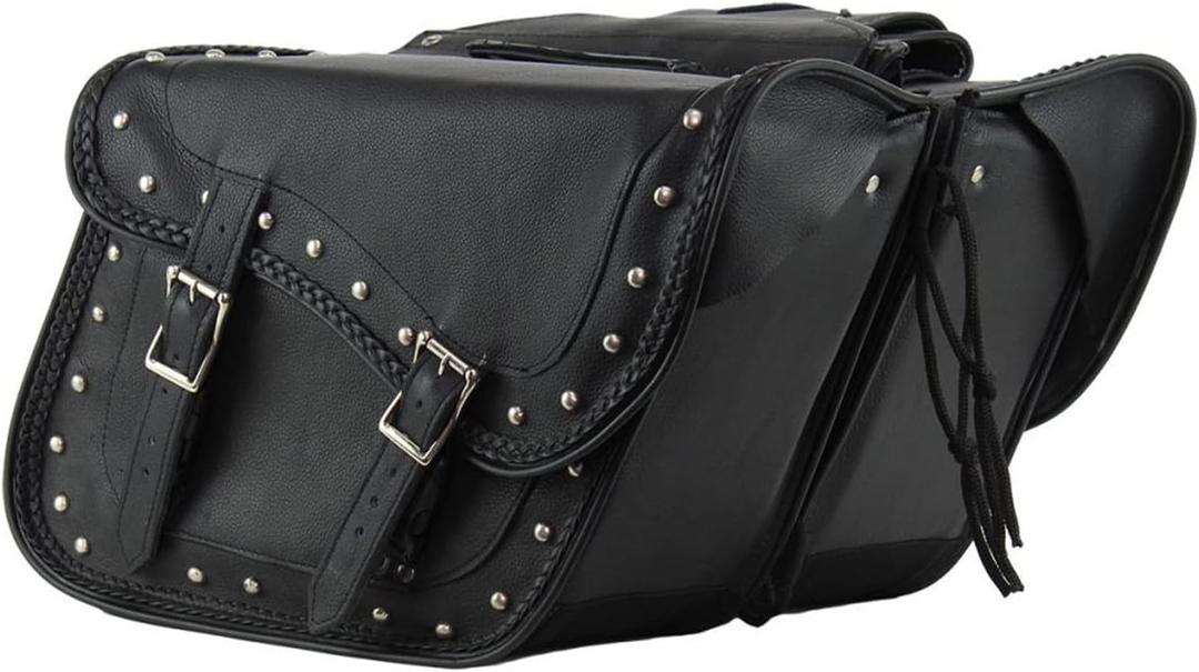 GARGOYLE BELLS Motorcycle Saddle Bags Genuine Leather Motorcycle Luggage Bag For Softails Sportsters and Choppers (With Studs, Black, 13”x13“x10”)