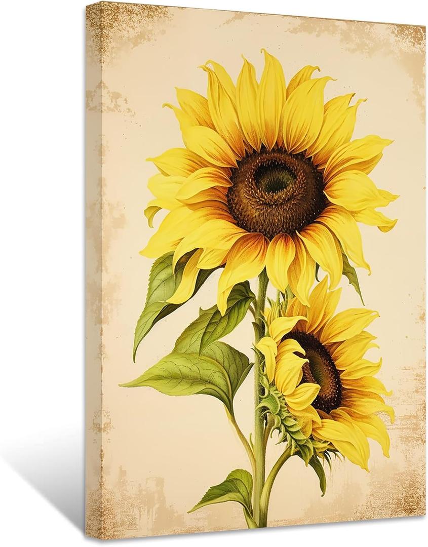 ZXHYWYM Sunflower Canvas Wall Art Vintage Sunflower Painting Prints Yellow Floral Picture Nature Landscape Home Decor Framed(2, (16.00" x 24.00"))