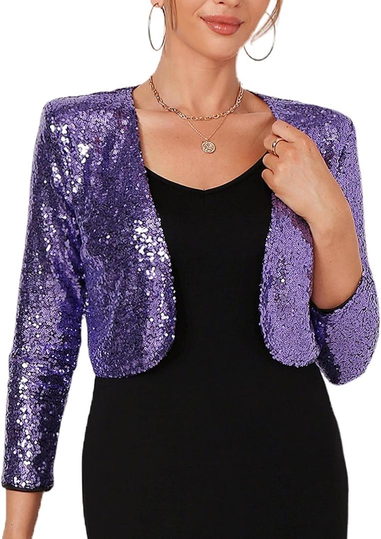 Women's Sequin Shrug Jacket Long Sleeve Open Front Glitter Blazer Bolero Wedding Party Sparkly Cropped Cardigan (Purple, M)