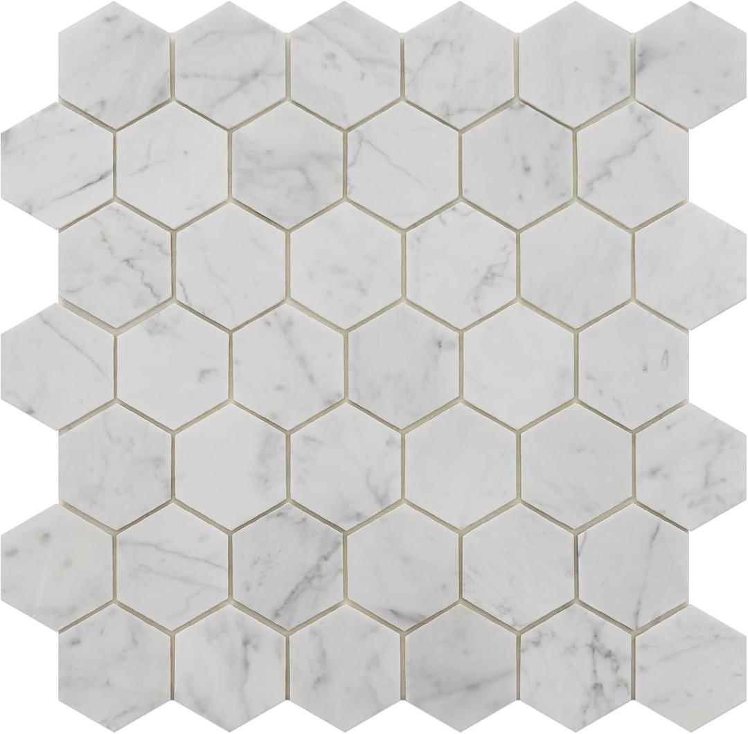 Peel and Stick Stone Backsplash, 5-Sheet Hexagon Peel and Stick Stone Tiles 3D Marble Look Stick on Backsplash for Kitchen Fireplace (Hexagonal Carrara White)
